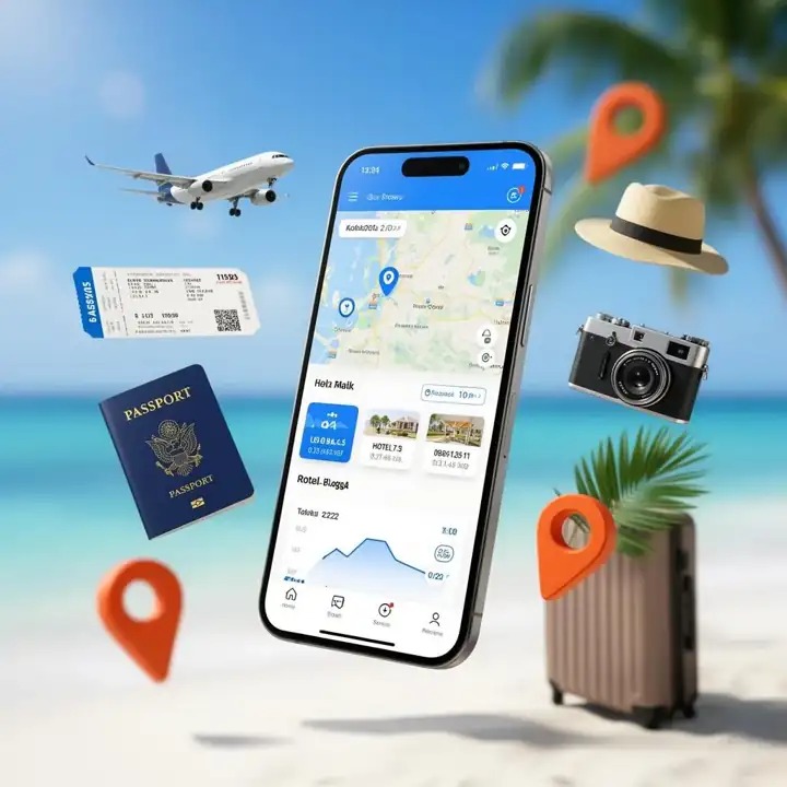 Aplicativo Método SPD com mapas, hotéis e roteiro personalizado em um celular cercado por elementos de viagem